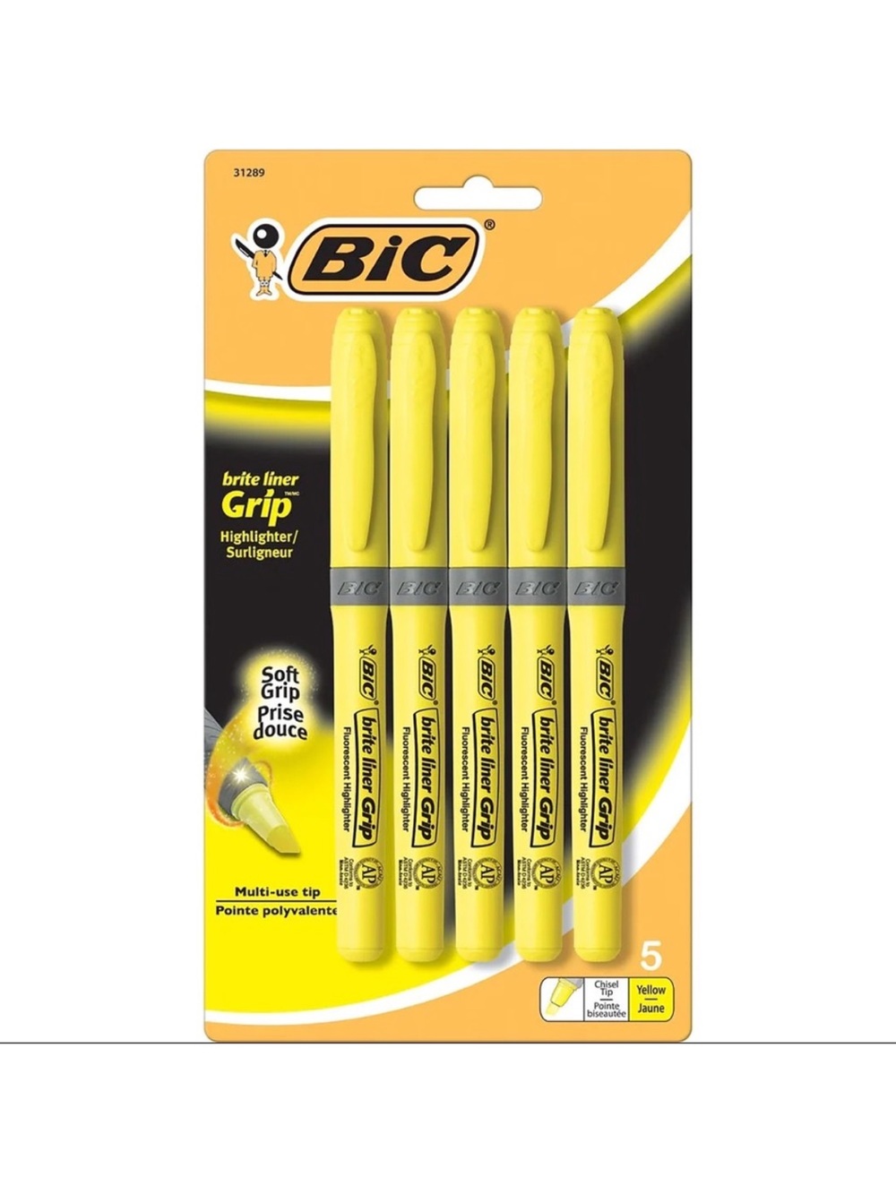 *BRAND NEW* BIC Pack Of 5 Brite Liner Soft Grip Multi-Use Tip Yellow Highlighter